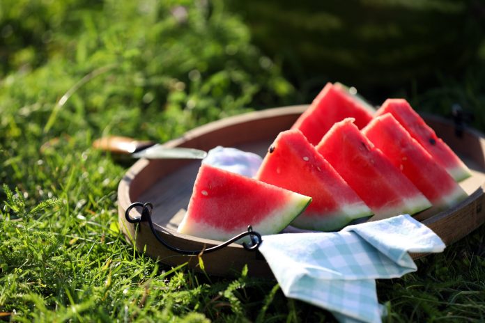 Sliced watermelon on a wooden tray outdoors, resting on a blue-and-white checkered cloth in sunny grass.